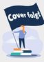 "Cover folgt" steht auf einer großen Fahne. Darunter eine Person auf Bücherstapeln., Buch