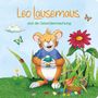 „Leo Lausemaus und die Osterüberraschung“. Illustration: Maus mit Ei, Schmetterlinge, Blume, Ostereierkorb im Gras., Buch