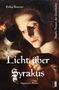 „Erika Brunner, Licht über Syrakus, historischer Roman.“ Ein gemaltes Porträt einer Frau, die eine Lampe hält.