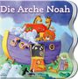 „Die Arche Noah“. „Ein Klappenbuch für kleine Entdecker“. Illustration einer Arche mit Tieren und biblischer Figur., Buch