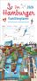 "Der Hamburger Familienplaner 2026" steht oben. Darunter eine bunte Illustration von Hamburg, gefüllt mit Möwen, Wasser und Schiffen., Kalender