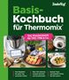"Basis-Kochbuch für Thermomix" oben, Bilder zeigen einen Thermomix, Lachs und ein Gericht, Texten zu Begleiter, Rezepte, Tipps., Buch