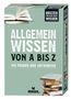 Karton für ein Quizspiel. Titel: "Allgemeinwissen von A bis Z". Inklusive 150 Fragen. Abgebildet sind Bücherstapel und ein Logo., Buch