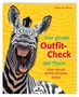 "Der große Outfit-Check der Tiere. Oder warum Zebras Streifen haben." Ein Zebra mit weit geöffnetem Maul auf gelbem Hintergrund.