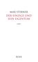Text: "Max Stirner, Der Einzige und sein Eigentum, Boer." Einfache, klare Typografie auf weißem Hintergrund., Buch