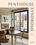 "PENTHOUSE SYNDROME" und "Interiors Above the City". Moderner Raum mit Tisch, Stühlen, großem Fenster und abstrakten Bildern., Buch