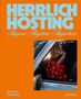 "HERRLICH HOSTING" in großen blauen Buchstaben, "Anyone Anytime Anywhere" in geschwungener Schrift. Frau mit Tomaten im Auto., Buch
