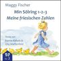 "Min Sölring 1·2·3: Meine friesischen Zahlen" von Maggy Fischer. Illustration: Mädchen in blauem Kleid mit Küken. Nummer 2., Buch
