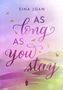 Text: "Sina Joan, As Long As You Stay." Illustration: Pastellfarbene Landschaft mit fliegenden Vögeln. Logo: WREADERS., Buch