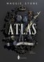 "MAGGIE STONE", "ATLAS", "DARK SECRET", "DARK ROMANCE", Logo "WREADERS". Dunkle Rosen, Waffen und goldene Elemente., Buch