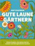 „AMY CHAPMAN GUTE LAUNE GÄRTNERN.“ Illustration bunter Blumen und Pflanzen auf blauem Hintergrund.