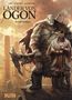 "Länder von Ogon, 8 - Oru-Rongo." Zwei Krieger, einer groß und muskulös mit Knüppel, der andere in feinem Gewand, stehen vor Steinsäulen.