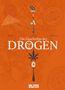 „Die Geschichte der Drogen“ steht zentral. Umgeben von Symbolen wie Rasierklinge, Spritze und Hanfblatt auf orangefarbenem Stadtplan.