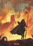 Titel: "Das Verschollene Zeitalter - 4 - Die Stadt des Fliegenkönigs". Eine vermummte Frau mit Speer vor Flammen., Buch