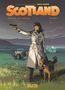 Titel: "SCOTLAND". Eine Frau im Mantel zielt mit Pistole, daneben ein Hund und altes Auto, im Hintergrund fliegende Vögel., Buch