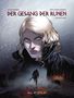 "DER GESANG DER RUNEN" ist prominent in Rot. Illustration zeigt eine ernste Frau im Vordergrund, mystische Atmosphäre., Buch