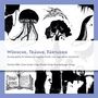"WÜNSCHE, TRÄUME, FANTASIEN" in Blau, gefolgt von Illustrationen: Qualle, Bäume, Buch, und organische Formen in Schwarz-Weiß., Buch