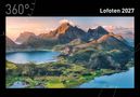 "Lofoten 2027" und "360°" stehen auf einem Foto von Bergen und Seen bei Sonnenuntergang, umgeben von einer schwarzen Umrandung., Kalender