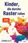 "Kinder, die durchs Raster fallen." Illustration: silhouette sits in colorful paint splashes. Author: Corina Elfe.