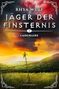 „Rhya Wulf, Jäger der Finsternis 2, Laoghaire“. Ein Stab im Gras, Hintergrund: dramatischer Himmel über Hügeln., Buch