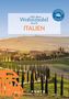 "Mit dem Wohnmobil durch ITALIEN." Rundes Logo: "Unterwegs Zuhause". Toskana-Landschaft mit Zypressen.