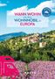 Text: "Wann wohin mit dem Wohnmobil durch Europa." Unten ein lila Wohnmobilclipart. Dorf auf grünem Hügel, blauer Himmel., Buch