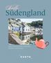 "Hello Sudengland" und "Echte Herzensorte zwischen Seeluft und Scones". Illustration einer Teekanne, Häuser am Wasser., Buch
