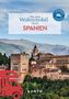„Mit dem Wohnmobil durch SPANIEN.“ Oberes Bild: Rundlogo „Unterwegs Zuhause“. Berglandschaft mit historischem Gebäude., Buch