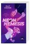 "Ally Crowe, Don't Play with Me, Neon Nemesis." Zwei Personen mit Headsets, violette Farbe, stilisierte Illustration., Buch