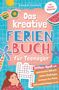 Das kreative Ferienbuch für Teenager. Fröhliche Illustration mit Sonnenbrille, Palme und Mädchen im Hintergrund., Buch