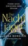 "Finde mich zwischen den Zeilen. Der Nachtjäger. Laura Bordihn. Kriminalthriller. Silhouette eines Mannes vor einer Brücke.", Buch