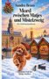 „Sandra Bruns: Mord zwischen Matjes und Mistelzweig. Ein Ostfrieslandkrimi. Der dritte Fall für Jantje Janssen.“ Illustration: Winterliche Hafenstadt, Hund mit Fisch, Weihnachtsbuden., Buch