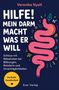 Text: „Hilfe! Mein Darm macht was er will“; Illustration: Rosa Darm, bunte Symbole, Herz, auf dunklem Hintergrund., Buch