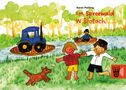 "Im Spreewald W Błotach" steht oben. Illustration zeigt Kinder, einen blauen Traktor auf einem Boot, Fluss und Waldhintergrund., Buch