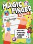„The Magic Finger Giggles“, „My booger“, „Writing Crafting Puzzles Jokes“. Zwei Hände mit Stift, fröhliche Emojis., Buch