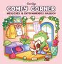 "Comfy Corner: Cute & Comfy Colouring Book." Illustration mit Dinosaurier, Hund, Pflanzen, Jacke und Regenschirm.