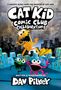 "Cat Kid Comic Club: Collaborations" oben groß. Bunte Comic-Figuren: ein gelbes Wesen und zwei Frösche vor Stadthintergrund., Buch