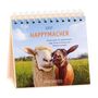 2027 HAPPYMACHER. Glücksrezept: Sonne im Herzen, Blödsinn im Kopf! Zwei lächelnde Schafe auf einer Wiese, blauer Himmel.