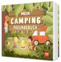 "MEIN CAMPING FREUNDEBUCH" auf einem Holzschild. Kinder grillen Marshmallows am Lagerfeuer, Baum und Auto im Hintergrund., Buch