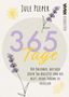 "365 Tage" in großen lilafarbenen und gelben Buchstaben. Blumenillustrationen und Zitat über Kalenderbegleitung.