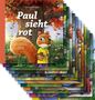 „Paul sieht rot“ steht groß. Ein Eichhörnchen im gelben Shirt hält eine Eichel vor einem herbstlichen Baum., Buch