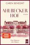 „Caren Benedikt, Ahlbecker Hof, Roman. SPIEGEL Bestseller-Autorin. Das Flüstern der Dünen.“ Aquarell eines Hotels.