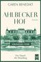 Text: "Caren Benedikt", "Ahlbecker Hof", "Roman", "Vorläufiges Cover", "Der Hauch der Brandung". Illustration: Hotelansicht.
