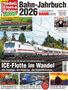 Titel: "Bahn-Jahrbuch 2026" und "ICE-Flotte im Wandel". Bild: Ein ICE-Zug fährt auf einer Strecke durch eine bewaldete Landschaft.