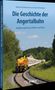 Buchtitel: Die Geschichte der Angertalbahn. Im Hintergrund fährt ein gelb-roter Zug durch eine grüne Landschaft., Buch