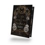 "RAIN OF SHADOWS AND ENDINGS" von Melissa K. Roehrich. Dunkles Cover mit goldenen Verzierungen, Schädeln und Blumen., Buch