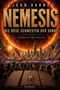 Text: "John Barns, Nemesis, Die böse Schwester der Sonne, Science-Fiction-Thriller, DeBehr."  
Eine riesige Sonne über einer Stadt. Menschen filmen., Buch