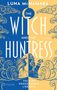 Buchtitel: "The Witch and the Huntress". Illustration mit Frau, dekorativen Wolken und halbmondartigem Design in Blau und Gelb.