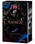 "Naima Simone - Ember - Roman. Er würde alles für sie niederbrennen. Sie entfacht die Flamme." Schädel und goldene Ornamente., Buch