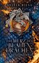 Buchtitel: "Das Herz des blauen Drachen: Ein uralter Schwur". Drachen-Symbol umgeben von Flammen auf einem schuppigen Hintergrund., Buch